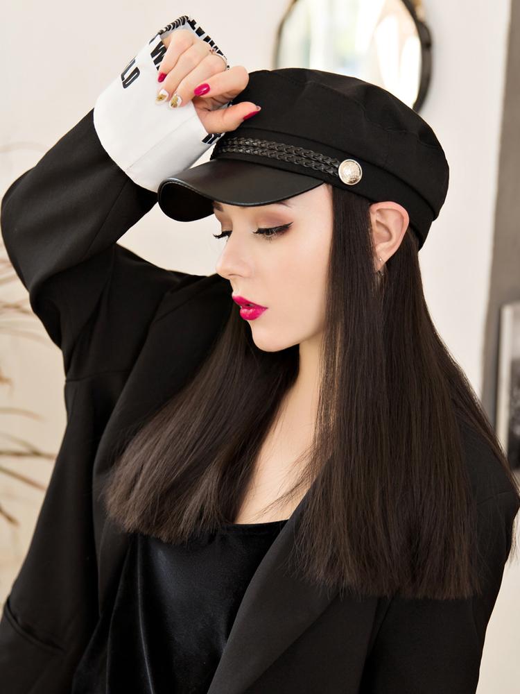 Berets with Hair Attached Synthetic Wig