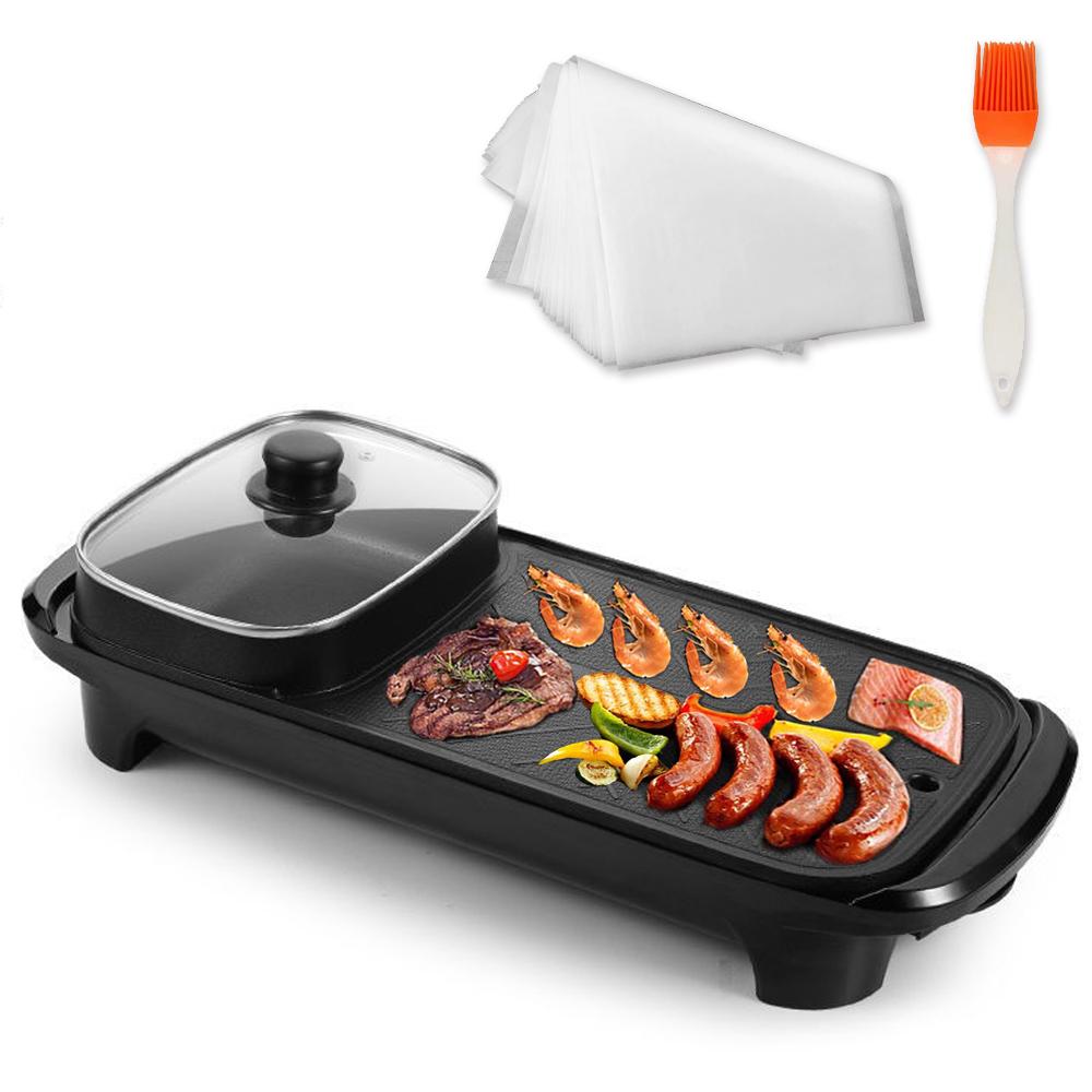 Electric Grill with Hotpot with 5Pcs Barbecue Papers and a Silicone Brush of Non-Stick Indoor Grill 2 in 1 Smokeless Grill for Family Party