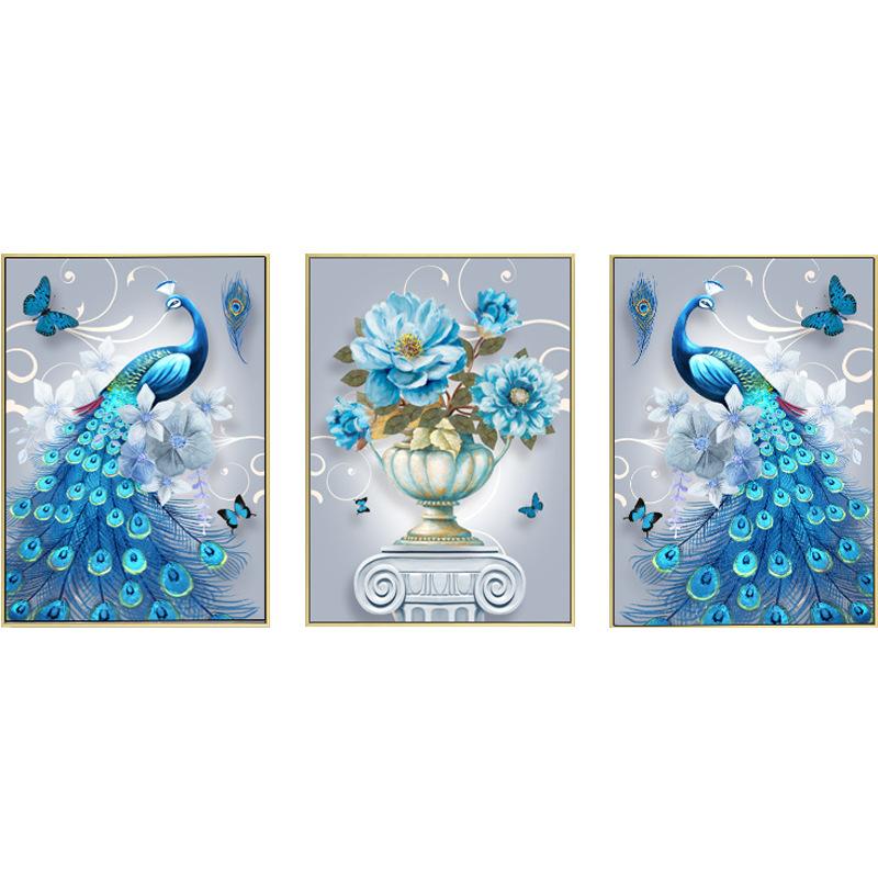 135x60CM 3PCS blue peacock 5D Full Diamond Painting NO FRAME
