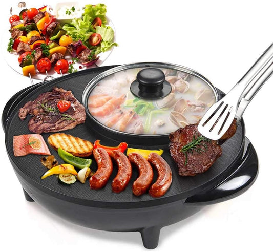 Smokeless Non-Stick Indoor 2 in 1 BBQ Grill & Hot Pot Multi-Function Electric Barbecue Oven for Party Family gathering