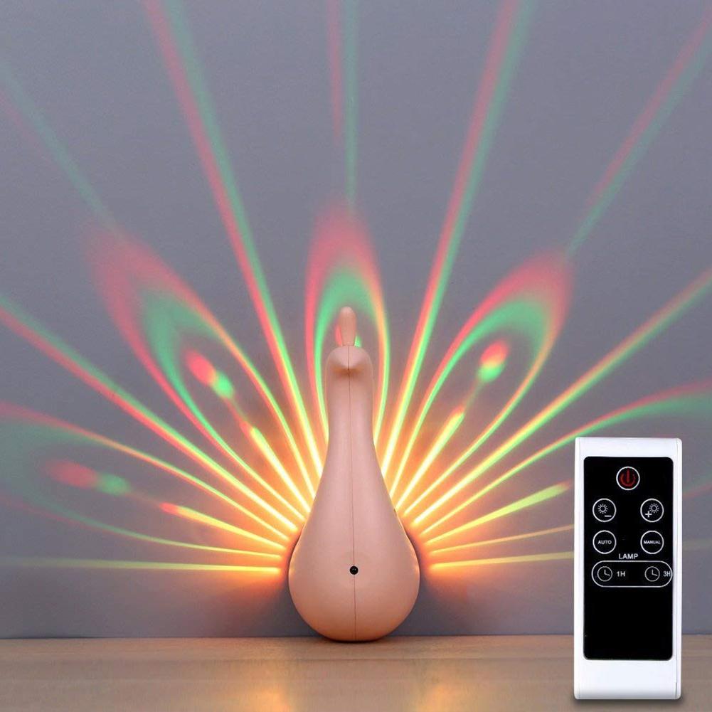 LED Wall Light Peacock Projection Lamp Remote Control Home Decro Colorful Night Light