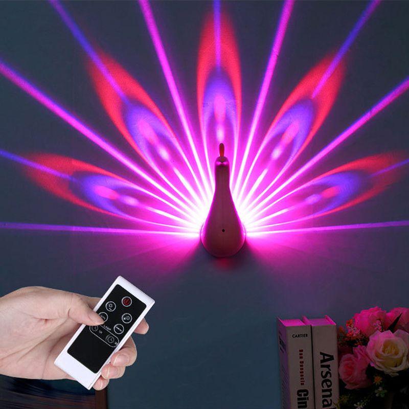 LED Wall Light Peacock Projection Lamp Remote Control Home Decro Colorful Night Light