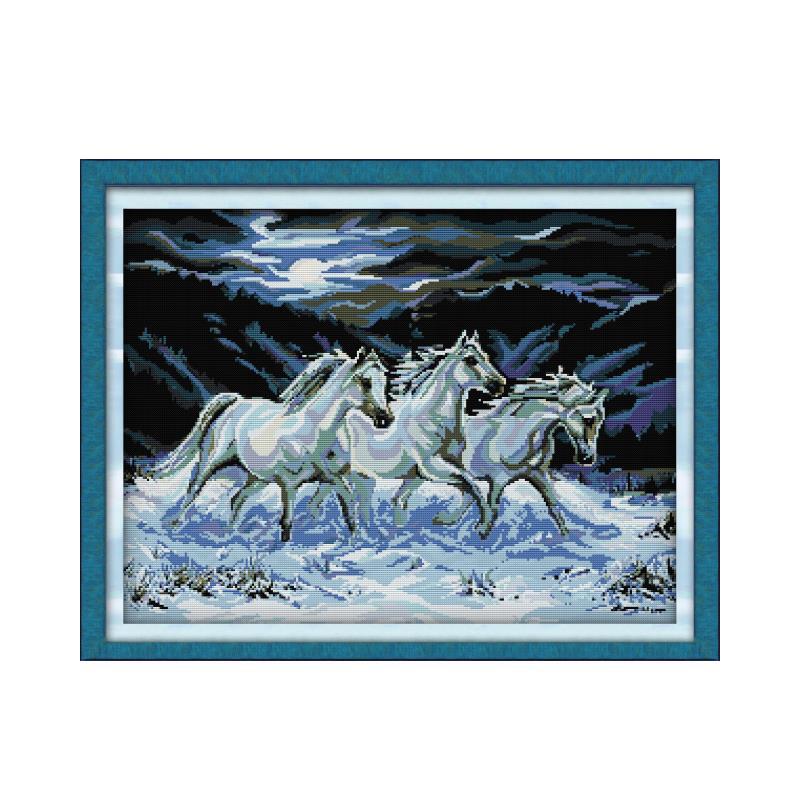 71×56cm Three Horse Cross Stitch Kits 11CT Stamped Full Range of Embroidery Starter Kit for Beginners Pre-Printed Pattern
