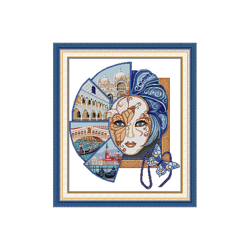 61×71cm Venice Mask Cross Stitch Kits 11CT Stamped Full Range of Embroidery Starter Kit for Beginners Pre-Printed Pattern