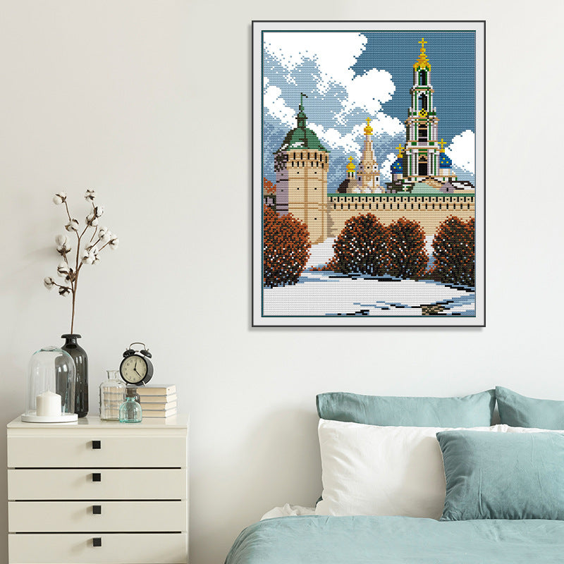 37×46CM Scenic Castle Cross Stitch Kits 11CT Stamped Full Range of Embroidery Starter Kit for Beginners Pre-Printed Pattern