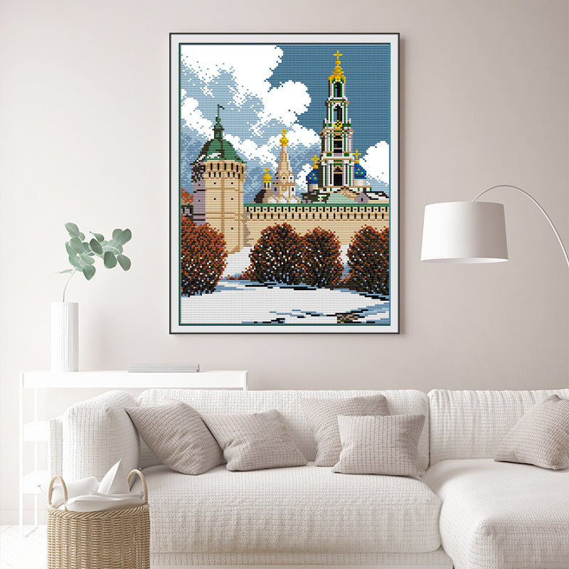 37×46CM Scenic Castle Cross Stitch Kits 11CT Stamped Full Range of Embroidery Starter Kit for Beginners Pre-Printed Pattern