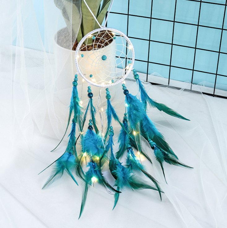 Handmade Dream Catcher With Light Room Decor Feather Weaving Wind Chimes Religious Mascot