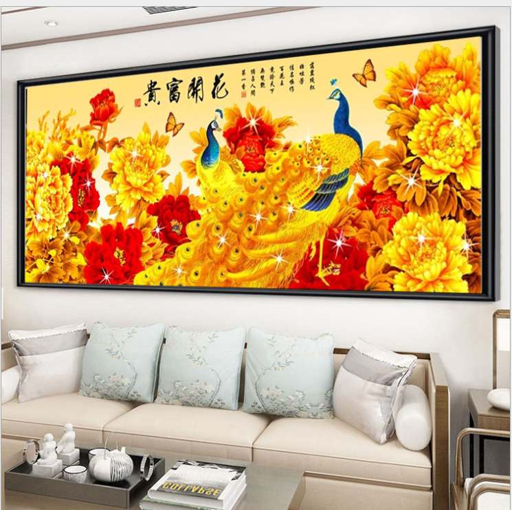 150X63cm Golden Peacock Cross Stitch Kits 11CT Stamped Full Range of Embroidery Starter Kit for Beginners Pre-Printed Pattern