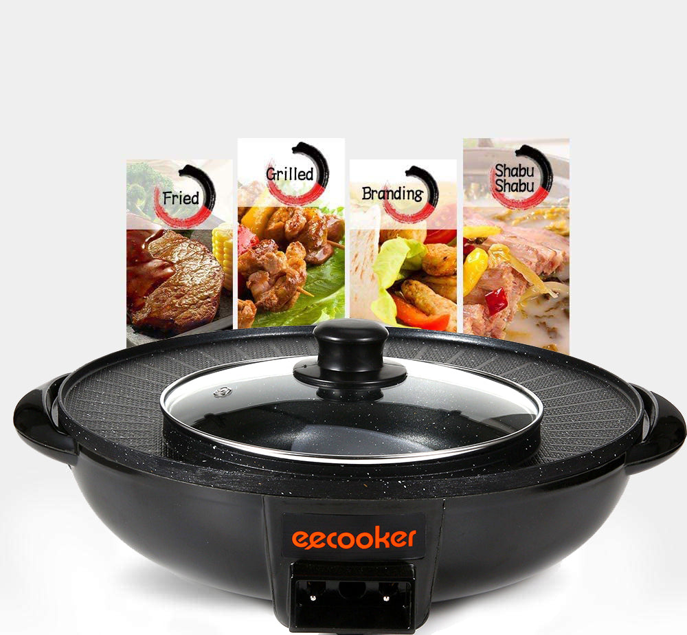 Smokeless Non-Stick Indoor 2 in 1 BBQ Grill & Hot Pot Multi-Function Electric Barbecue Oven for Party Family gathering