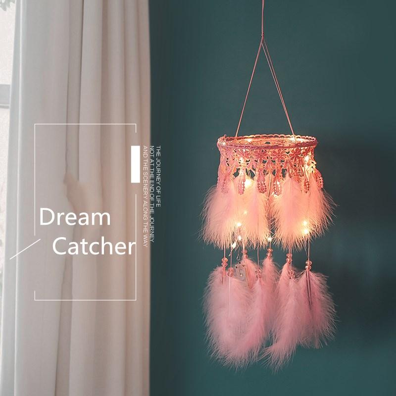 Handmade Dream Catcher With Light Room Decor Feather Weaving Wind Chimes Religious Mascot