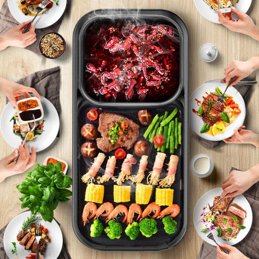 Electric Grill with Hotpot with 5Pcs Barbecue Papers and a Silicone Brush of Non-Stick Indoor Grill 2 in 1 Smokeless Grill for Family Party