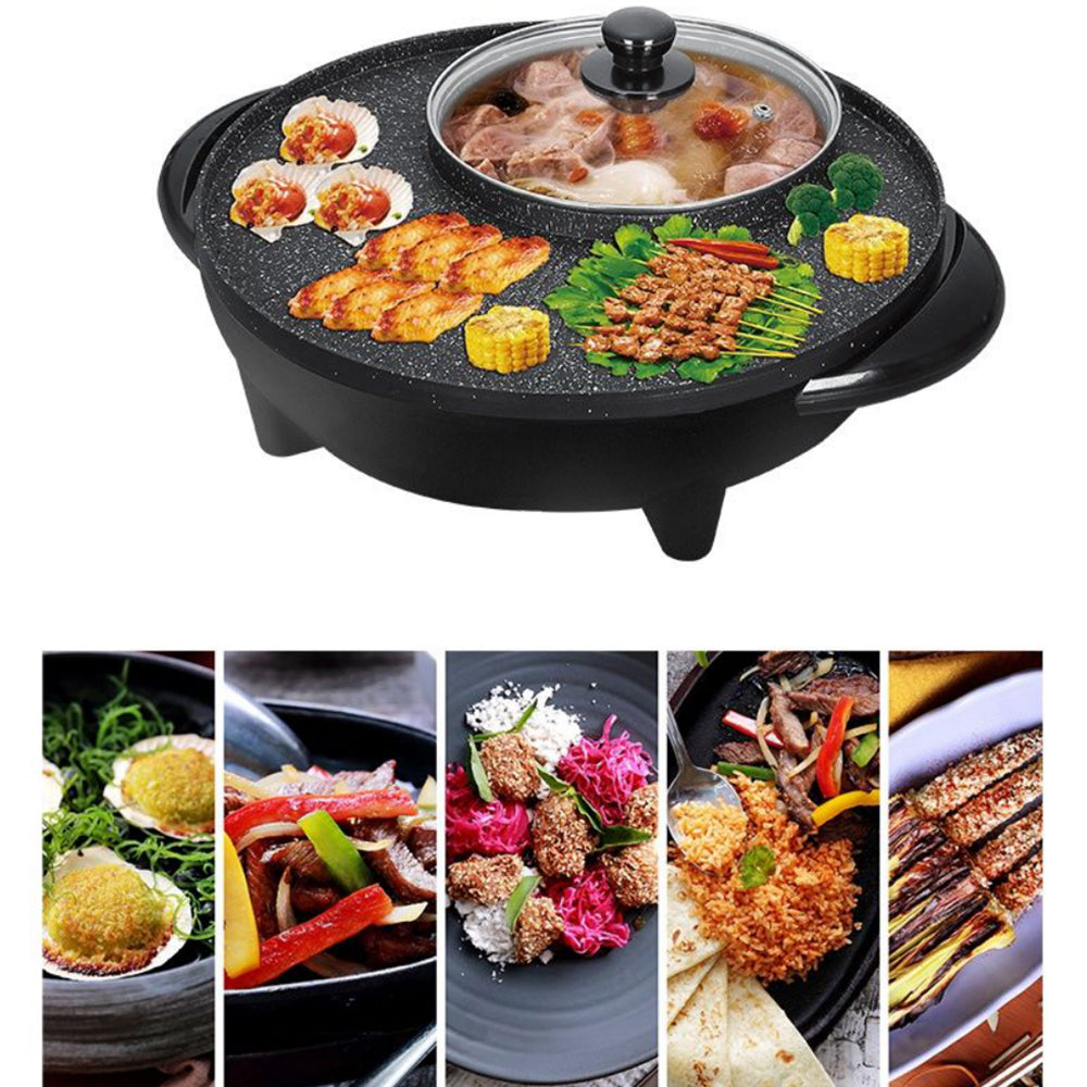 Smokeless Non-Stick Indoor 2 in 1 BBQ Grill & Hot Pot Multi-Function Electric Barbecue Oven for Party Family gathering