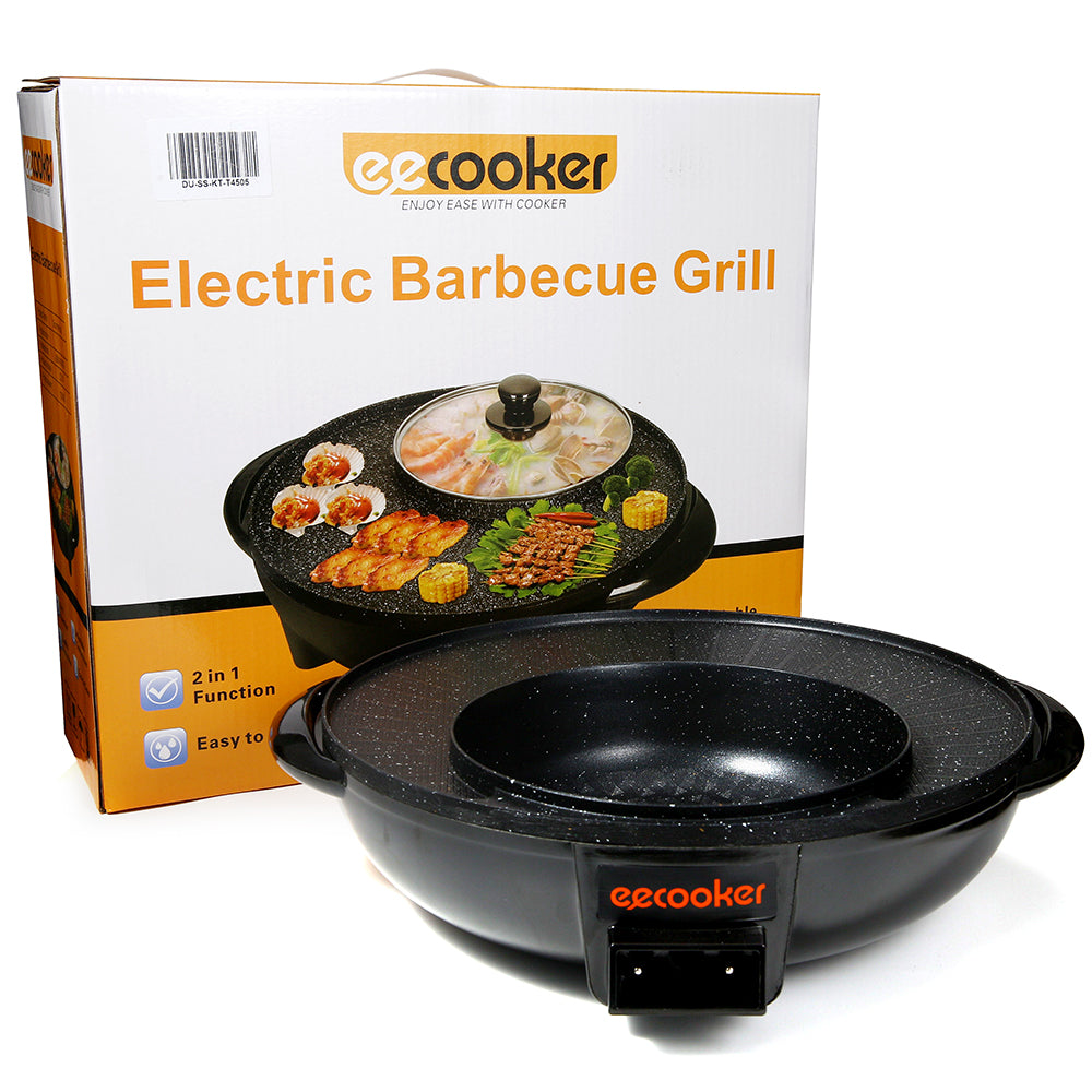 Smokeless Non-Stick Indoor 2 in 1 BBQ Grill & Hot Pot Multi-Function Electric Barbecue Oven for Party Family gathering