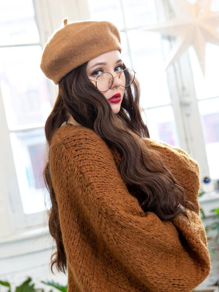 French Beret Wool Wig Wave Winter-Dark Brown