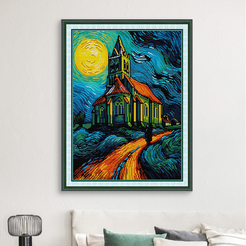 46×61cm Van Gogh style church Cross Stitch Kits 11CT Stamped Full Range of Embroidery Starter Kit for Beginners Pre-Printed Pattern