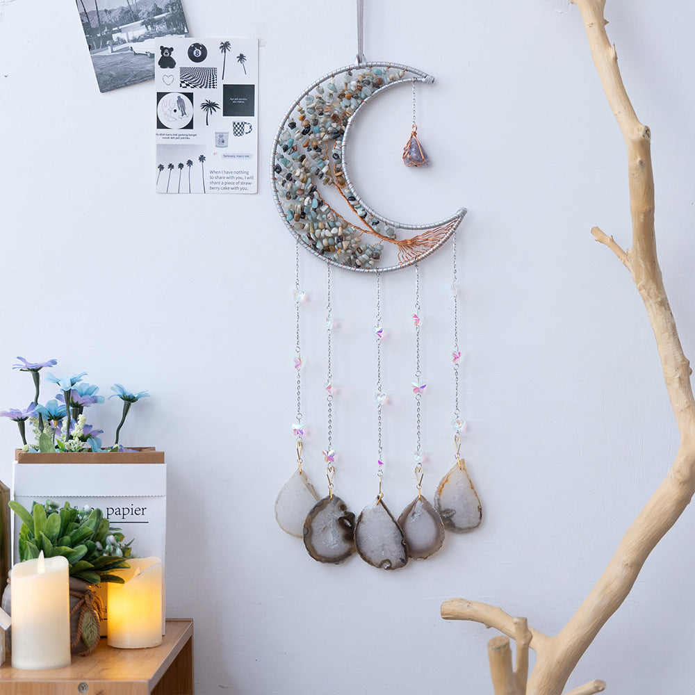 Moon Dream Catcher Crystal and Natural Gemstone Agate Stone Pendants Wind Chime