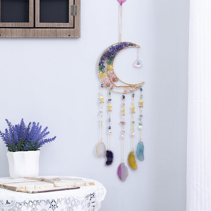 Moon Dream Catcher Crystal and Natural Gemstone Agate Stone Pendants Wind Chime