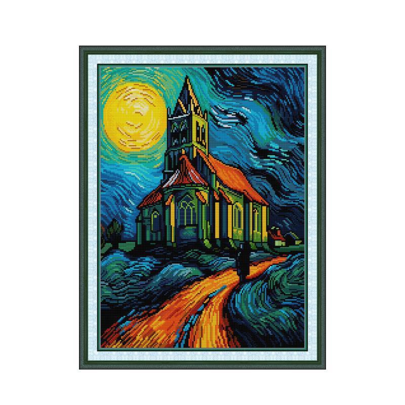 46×61cm Van Gogh style church Cross Stitch Kits 11CT Stamped Full Range of Embroidery Starter Kit for Beginners Pre-Printed Pattern