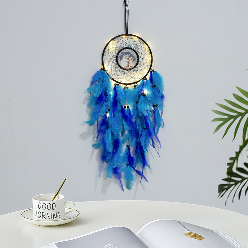 Feather Dream Catcher LED Fairy Lights Circular Net for Wall Hanging Decor