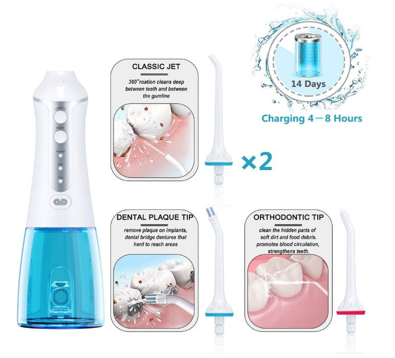 Dental Oral Irrigator 300ML Portable and Rechargeable IPX7 Waterproof 3 Modes Water Flosser Teeth Cleaner