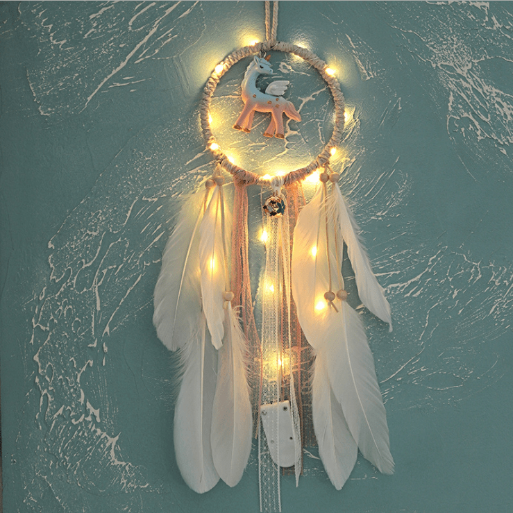 Handmade Dream Catcher With Light Room Decor Feather Weaving Wind Chimes Religious Mascot