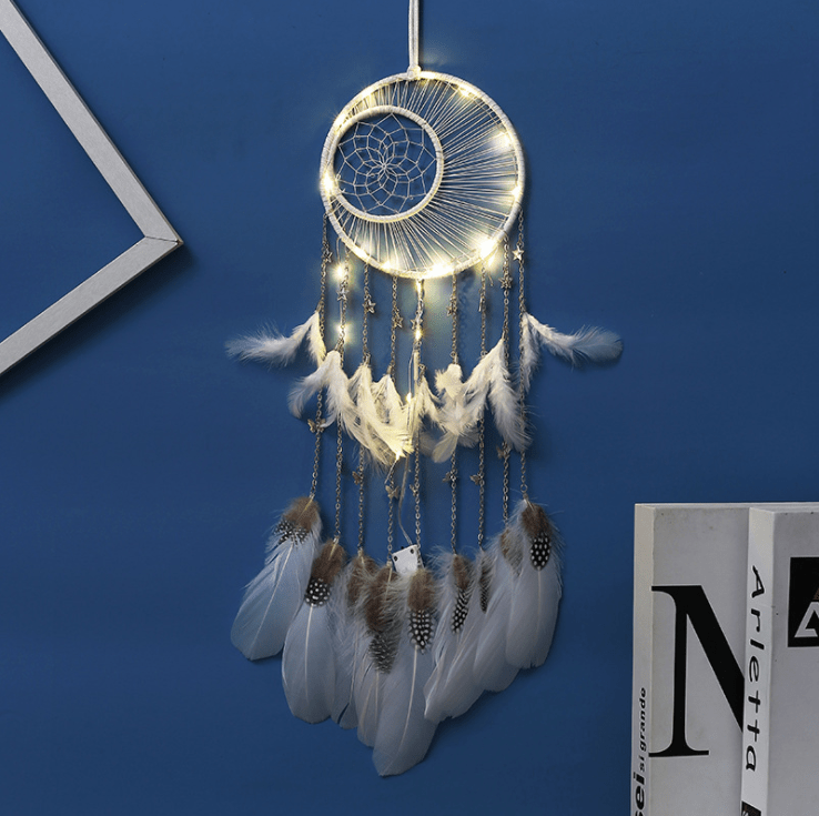 Handmade Dream Catcher With Light Room Decor Feather Weaving Wind Chimes Religious Mascot