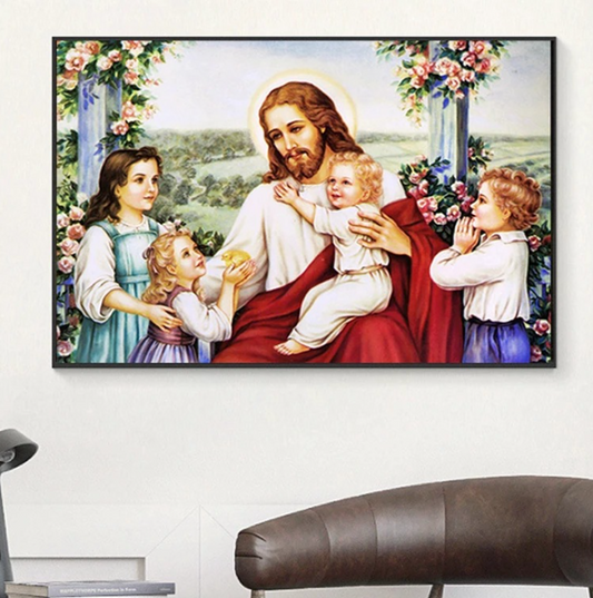 60x40cm Jesus and the children Cross Stitch Kits 11CT Stamped Full Range of Embroidery Starter Kit for Beginners Pre-Printed Pattern