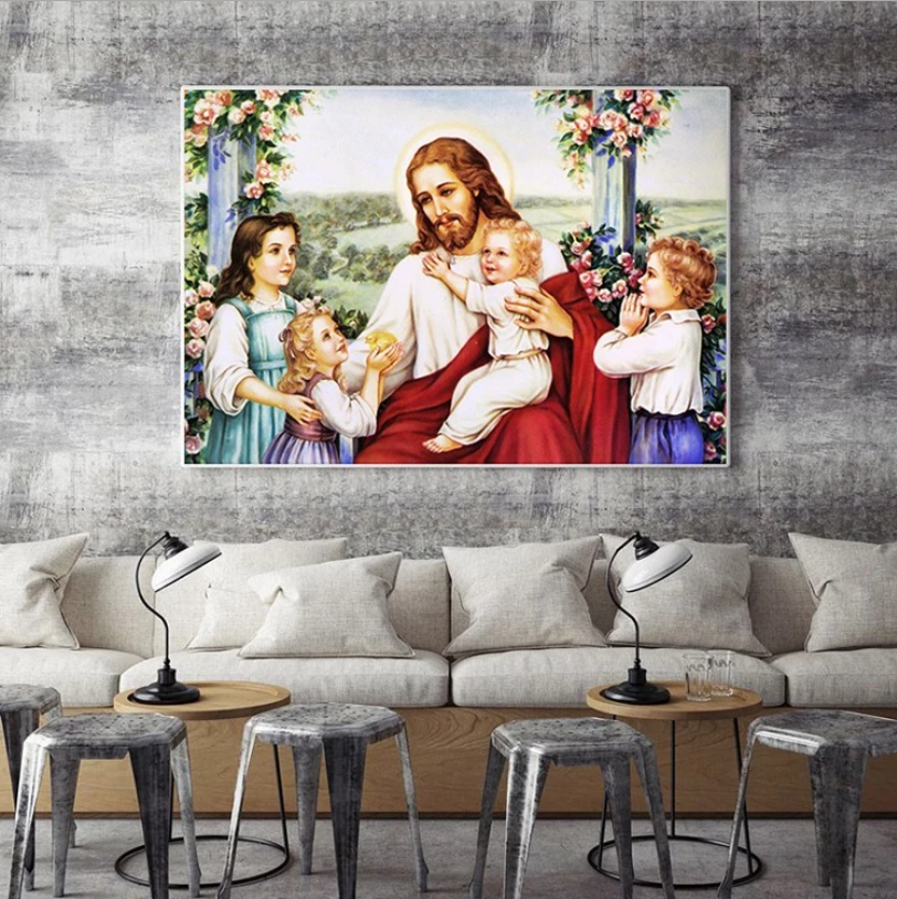 60x40cm Jesus and the children Cross Stitch Kits 11CT Stamped Full Range of Embroidery Starter Kit for Beginners Pre-Printed Pattern