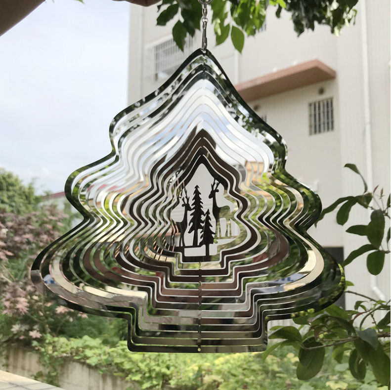 Christmas Tree-3D Rotary Wind Chime Spinner Flowing-Light Effect Decor for Garden House Decoration-33x25cm