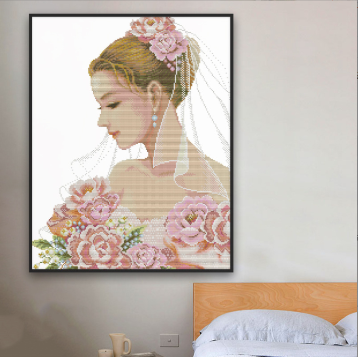 51x62CM Beautiful bride  3 strands 11CT Stamped Cross Stitch Full Range of Embroidery Starter Kit for Beginners Pre-Printed Pattern